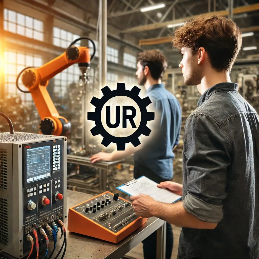 obraz przedstawiający inżynierów podczas programowania maszyny i robota przemysłowego